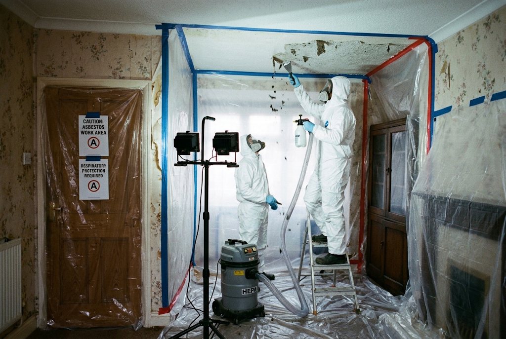Operatives in protective suits removing a textured ceiling inside a sealed room with HEPA extraction