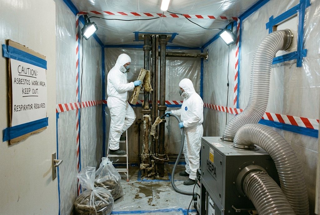 Operatives stripping old pipe lagging inside a sealed enclosure